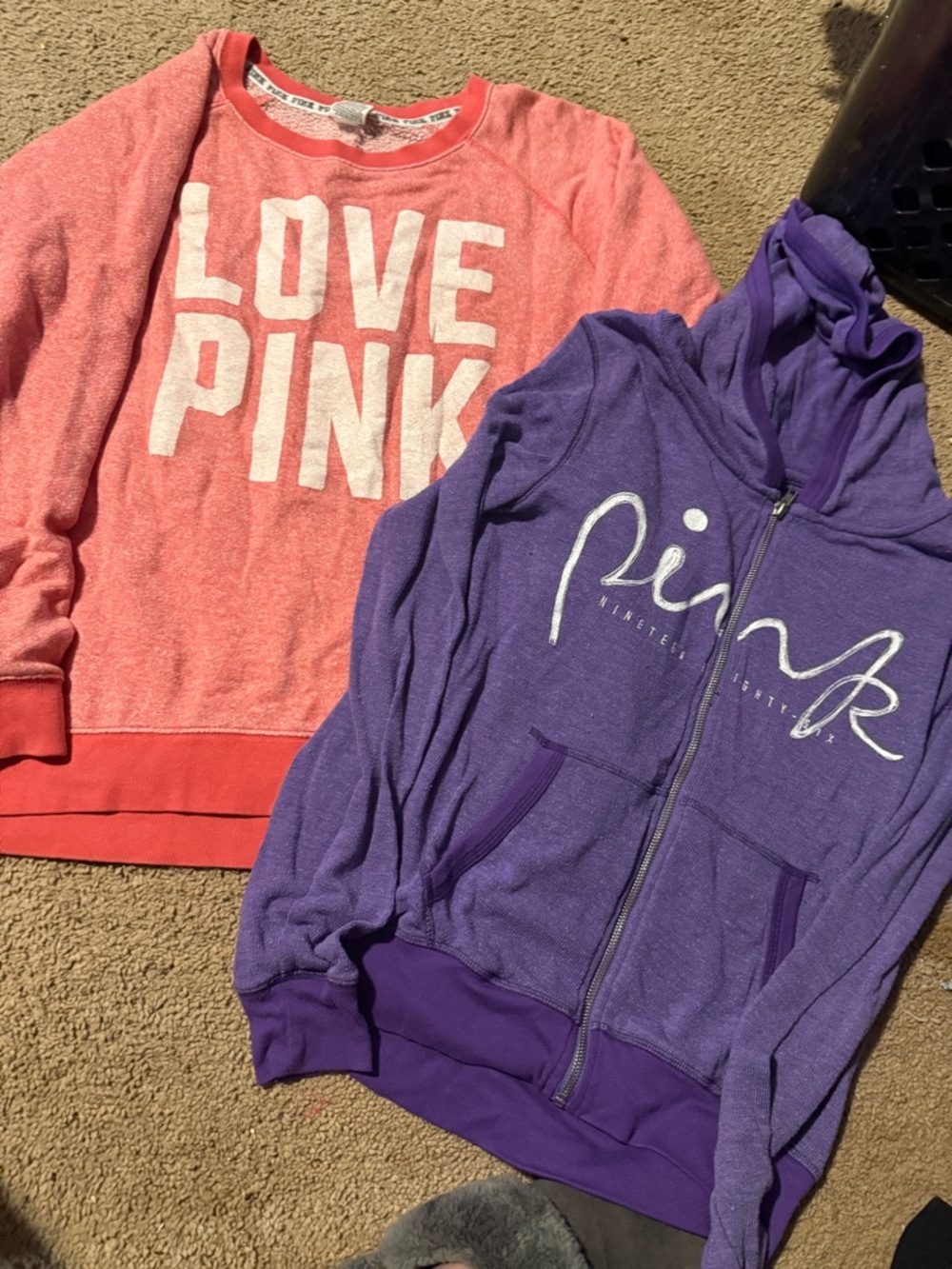 PINK Victoria's Secret Coral Crewneck & Purple Zip Hoodie Set